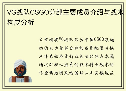 VG战队CSGO分部主要成员介绍与战术构成分析