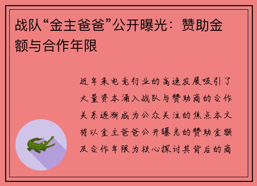 战队“金主爸爸”公开曝光：赞助金额与合作年限